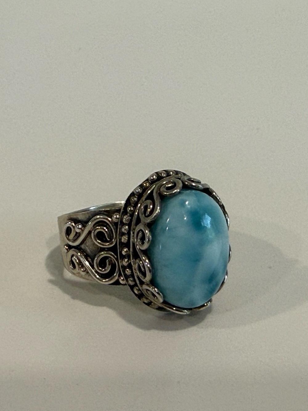 Sterling Silver Larimar Statement Ring - Blue Oval Cabochon